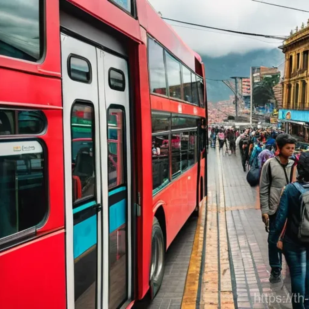콜롬비아 대중교통 이용법 - **Prompt 1: Bustling Bogota Commute on TransMilenio**
    A vibrant, dynamic shot inside a red artic...