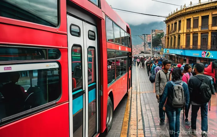 콜롬비아 대중교통 이용법 - **Prompt 1: Bustling Bogota Commute on TransMilenio**
    A vibrant, dynamic shot inside a red artic...