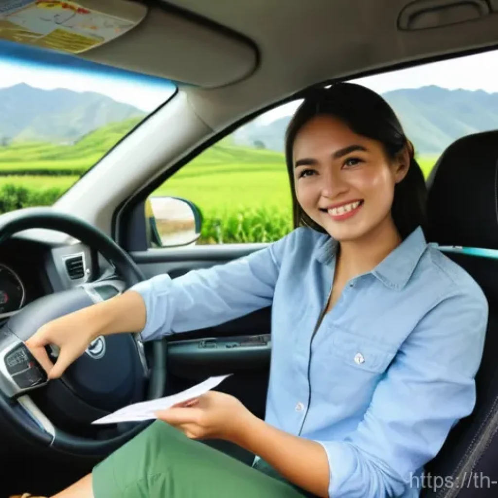 콜롬비아 교통법규 및 운전면허 정보 - A vibrant scene featuring a confident Thai traveler, a woman in her late 20s with a warm smile, wear...