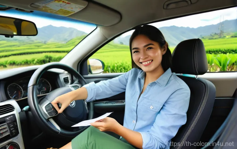 콜롬비아 교통법규 및 운전면허 정보 - A vibrant scene featuring a confident Thai traveler, a woman in her late 20s with a warm smile, wear...