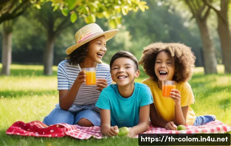 콜롬비아 미국 외교 관계 - **Prompt:** A diverse group of friends, aged 8-12, enjoying a vibrant picnic in a sunny park. They a...