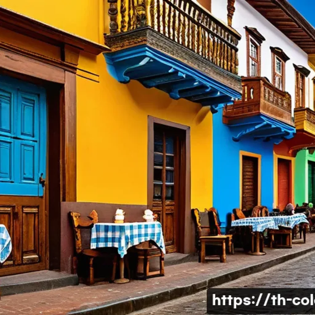 보고타 관광 필수 코스 - A vibrant street scene in La Candelaria, Bogotá’s historic district, featuring colorful colonial-sty...
