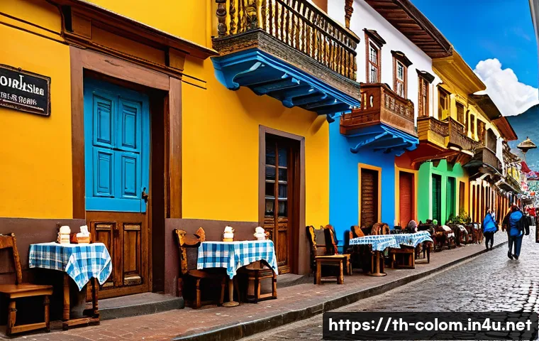 보고타 관광 필수 코스 - A vibrant street scene in La Candelaria, Bogot&aacute;&rsquo;s historic district, featuring colorful colonial-sty...