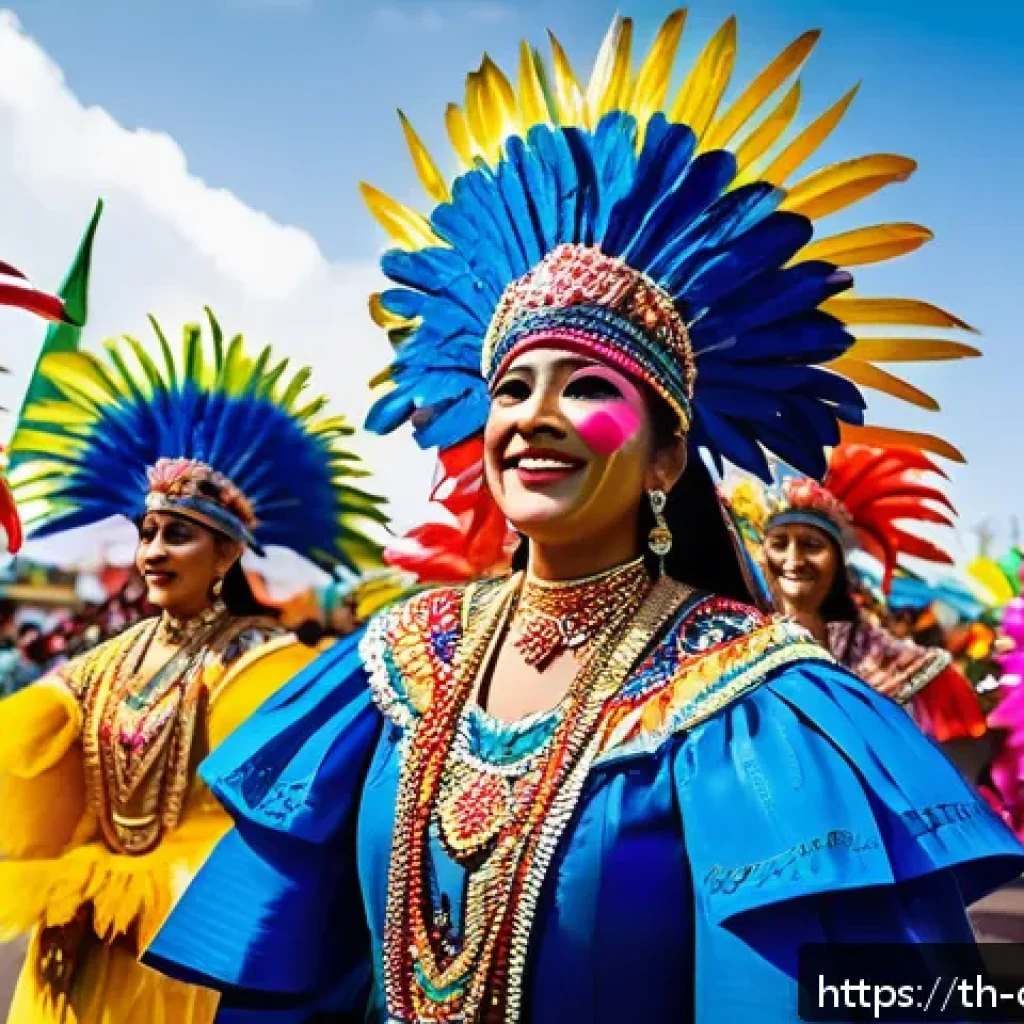콜롬비아 카니발 축제 - A vibrant street parade scene at the Colombian Carnival in Barranquilla, featuring dancers in bright...