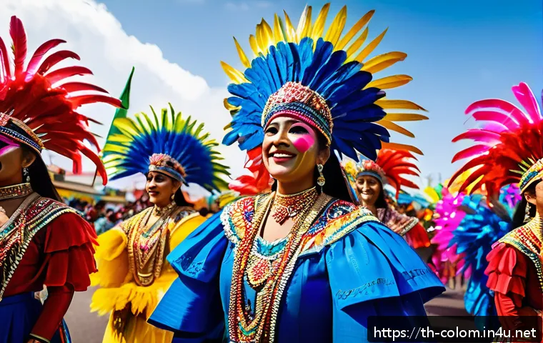 콜롬비아 카니발 축제 - A vibrant street parade scene at the Colombian Carnival in Barranquilla, featuring dancers in bright...