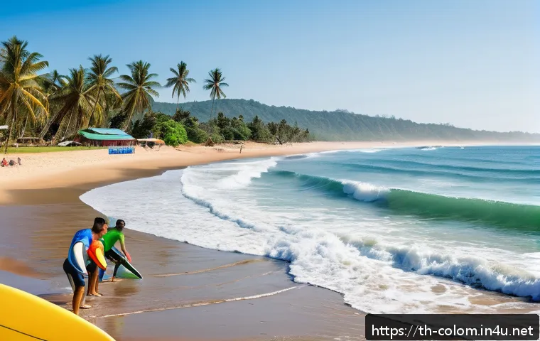 콜롬비아에서 서핑하기 좋은 곳 - A warm and inviting beginner-friendly Colombian beach scene featuring gentle, rolling waves ideal fo...
