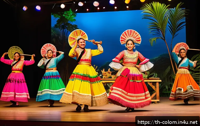콜롬비아에서의 유명한 연극과 공연 - A vibrant folkloric theatre scene from Colombia showcasing actors in traditional indigenous and Span...