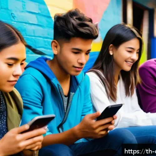 Home 31 콜롬비아에서 인기 있는 SNS - A vibrant street scene in Bogotá, Colombia, showing diverse young adults using smartphones and table...