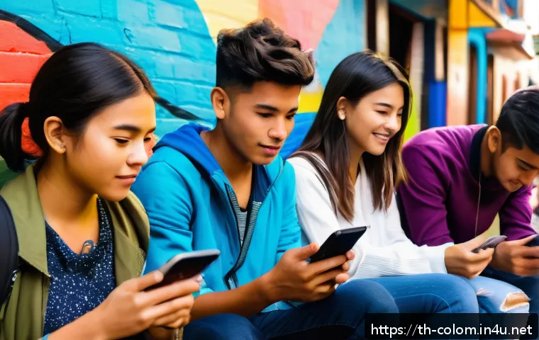 콜롬비아에서 인기 있는 SNS - A vibrant street scene in Bogot&aacute;, Colombia, showing diverse young adults using smartphones and table...