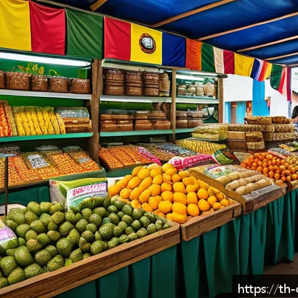 콜롬비아 무역 및 경제 협력 - A vibrant Colombian marketplace scene showcasing a variety of Thai agricultural and processed food p...