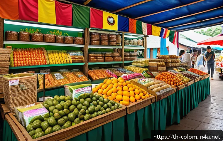 콜롬비아 무역 및 경제 협력 - A vibrant Colombian marketplace scene showcasing a variety of Thai agricultural and processed food p...