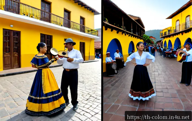 Home 17 콜롬비아와 멕시코 문화 비교 - Photorealistic split-screen cultural comparison, left side a warm Colombian town plaza with colorful...