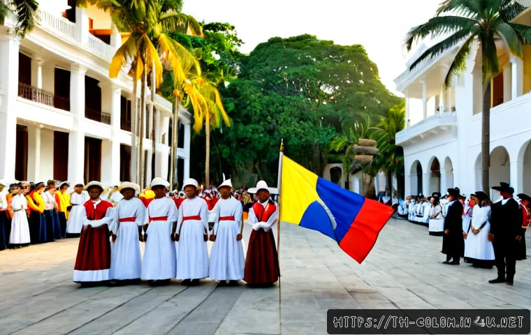 Home 17 콜롬비아에서 역사적인 사건들 - Photorealistic historical reenactment of Colombia’s independence era, dignified citizens in early 19...